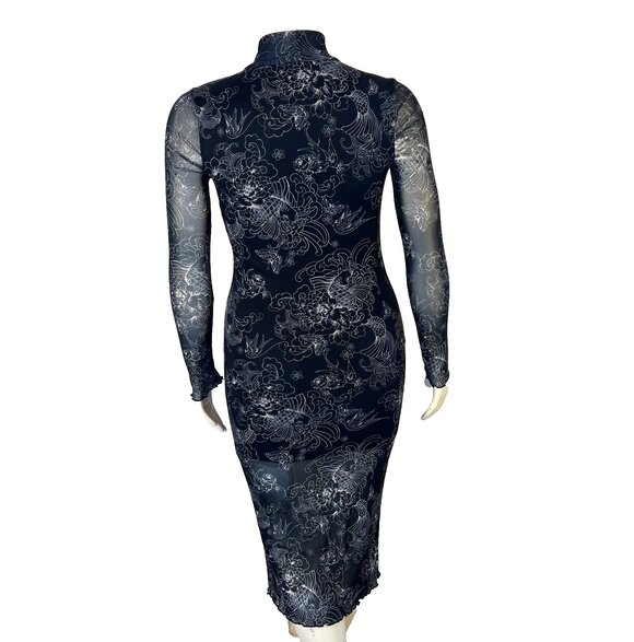Forever 21 Bodycon Dress Womens M Asian Print Stretch Long Sleeve Mesh Mock Neck - Picture 7 of 14